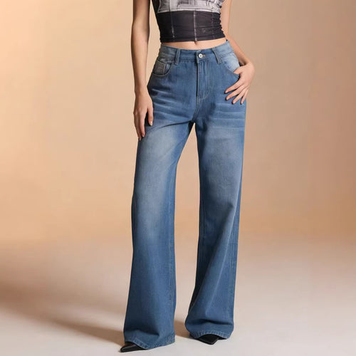 Damen weite Denim-Hose mit Vintage-Waschung und hoch geschnittenem Bund EB