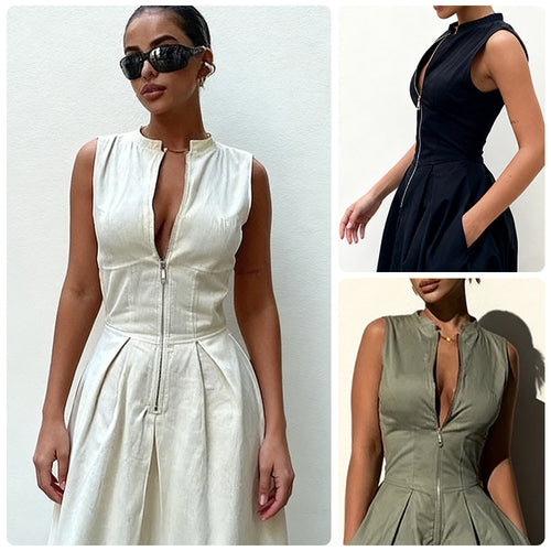 Damen elegantes Sommerkleid mit hochwertigem Reißverschluss und schwingendem Saum EB