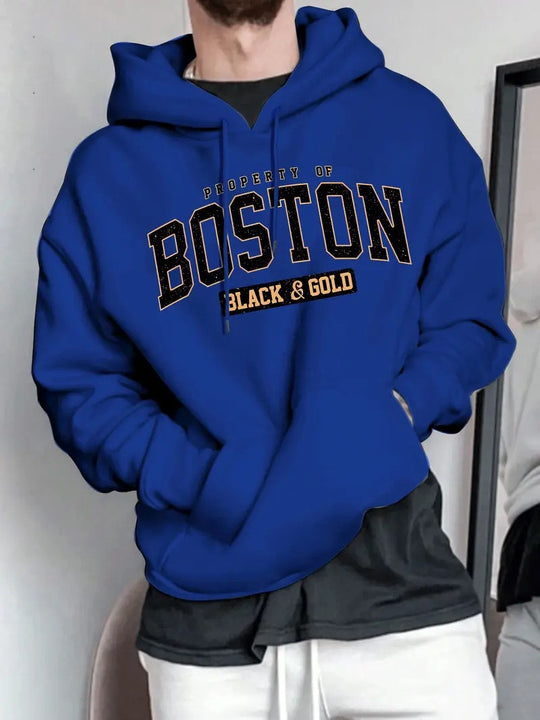 Herren Kapuzensweater mit auffälligem Boston-Print und weicher Innenseite EB