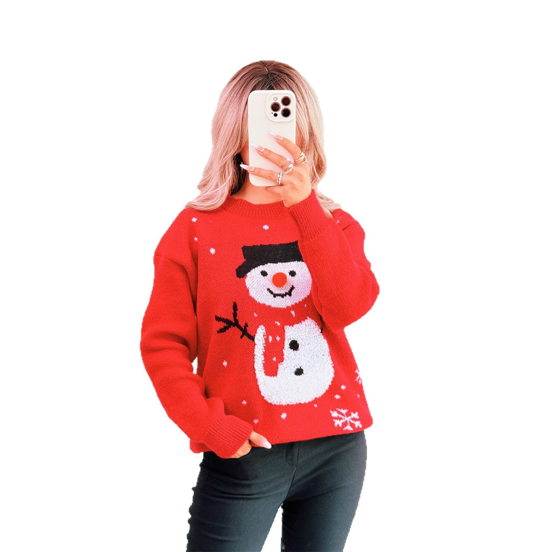 Damen Weihnachts-Pullover mit festlichem Schneemann-Motiv und gemütlichem Schnitt EB
