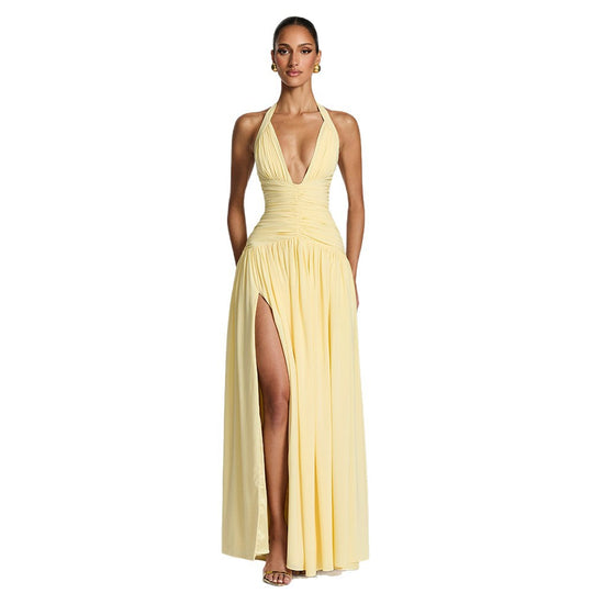 Damen Maxikleid mit tiefem V-Ausschnitt und figurbetonter Raffung EB