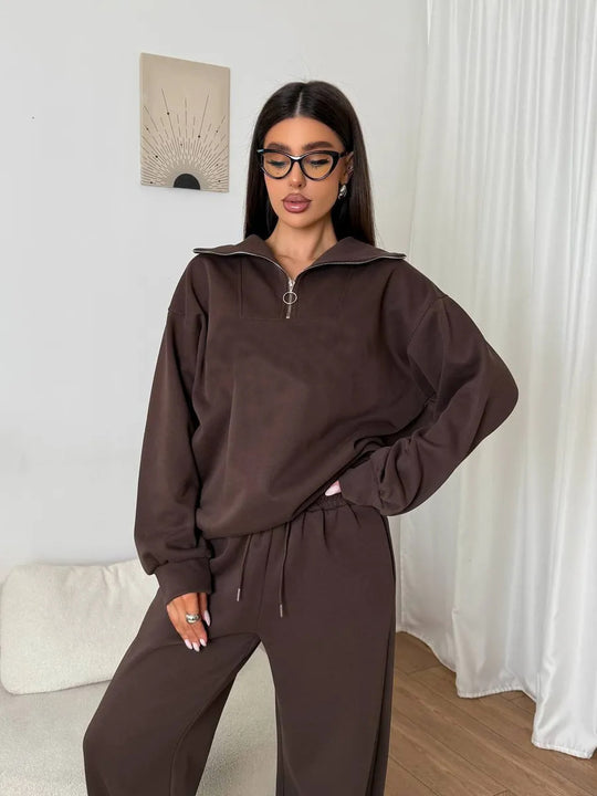 Damen Loungewear-Set mit halbem Reißverschluss und weiter Bügelfalten-Hose EB