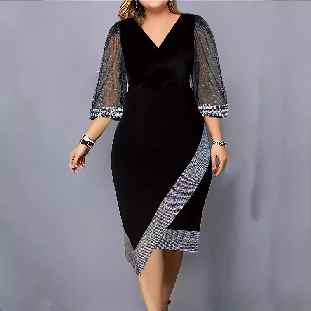 Damen Elegantes Cocktailkleid mit transparenten Puffärmeln und asymmetrischem Saum EB