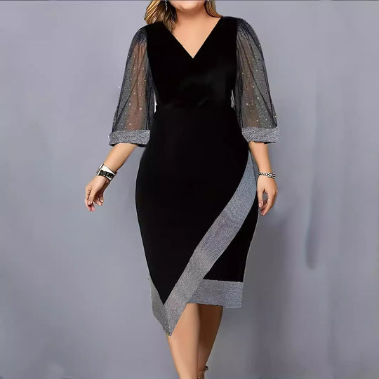 Damen Elegantes Cocktailkleid mit transparenten Puffärmeln und asymmetrischem Saum EB