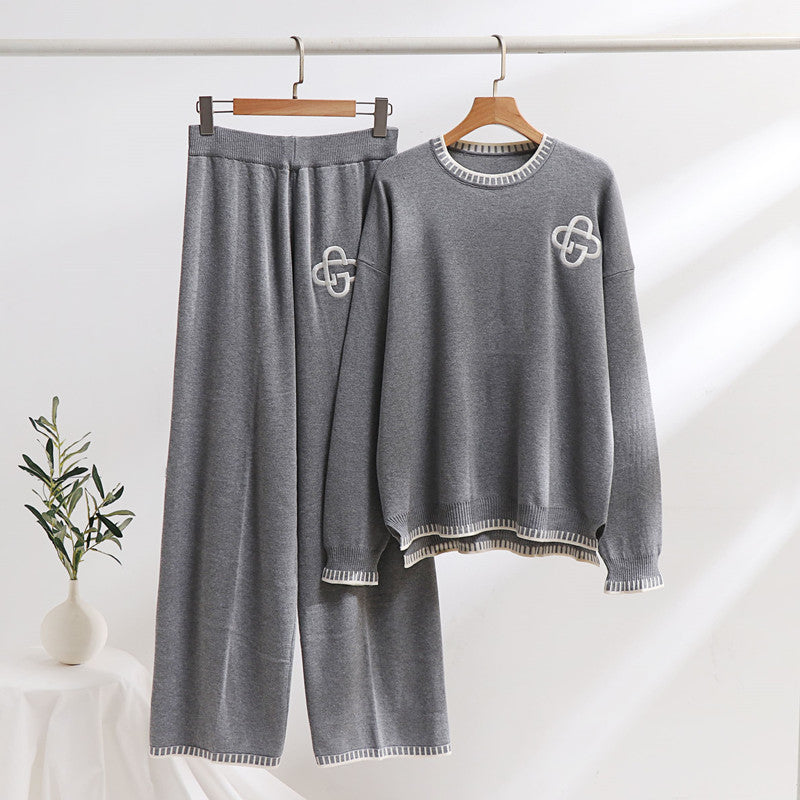 Damen lässiges Strick-Loungewear-Set mit dekorativen Kontrastdetails EB