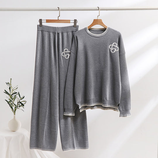 Damen lässiges Strick-Loungewear-Set mit dekorativen Kontrastdetails EB
