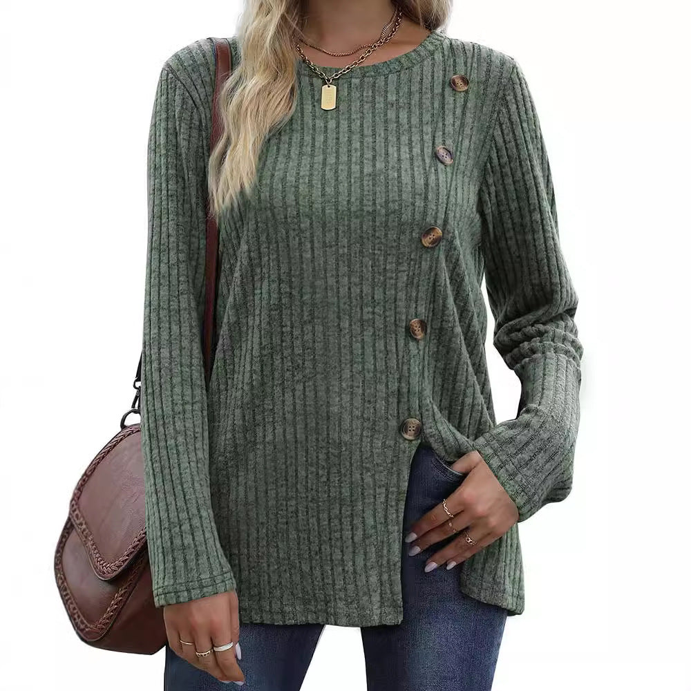 Damen Langärmliges Strickoberteil mit strukturierten Rippen und Knopfdetails EB