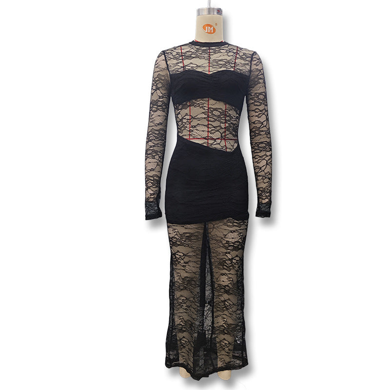 Damen Elegantes Spitzenkleid mit hohem Kragen und langem Ärmel EB