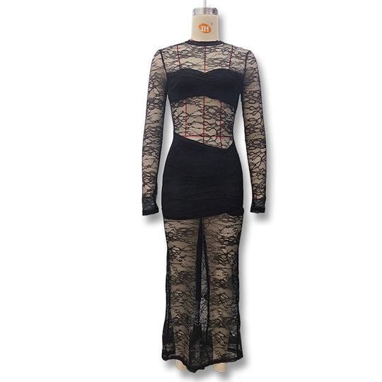 Damen Elegantes Spitzenkleid mit hohem Kragen und langem Ärmel EB