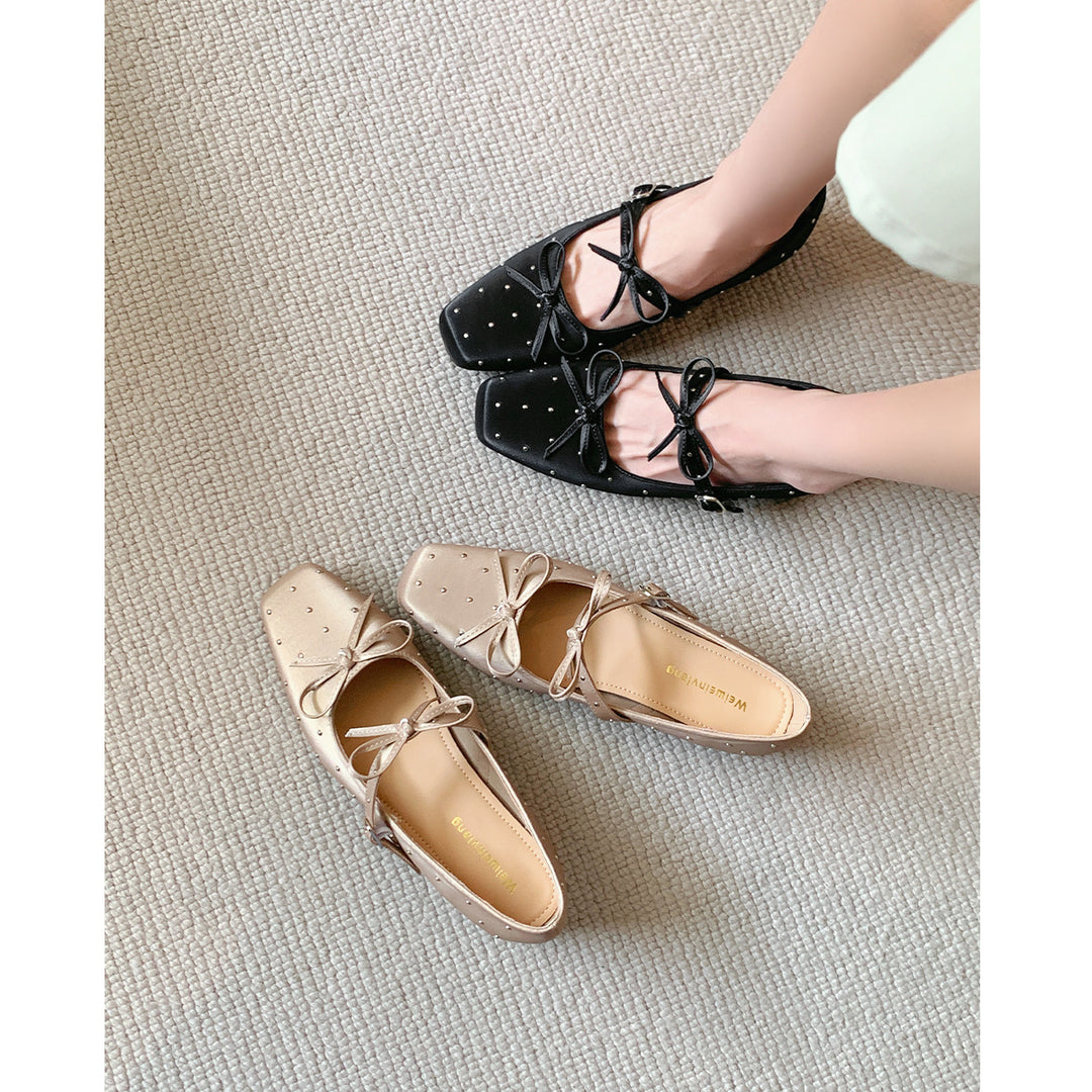 Damen Ballerinas mit dekorativen Schleifen und Strass-Applikationen EB