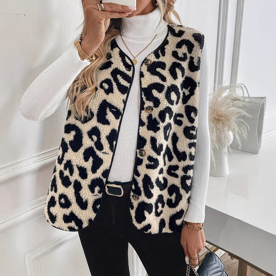 Damen kuschelige Weste mit Leo-Print EB