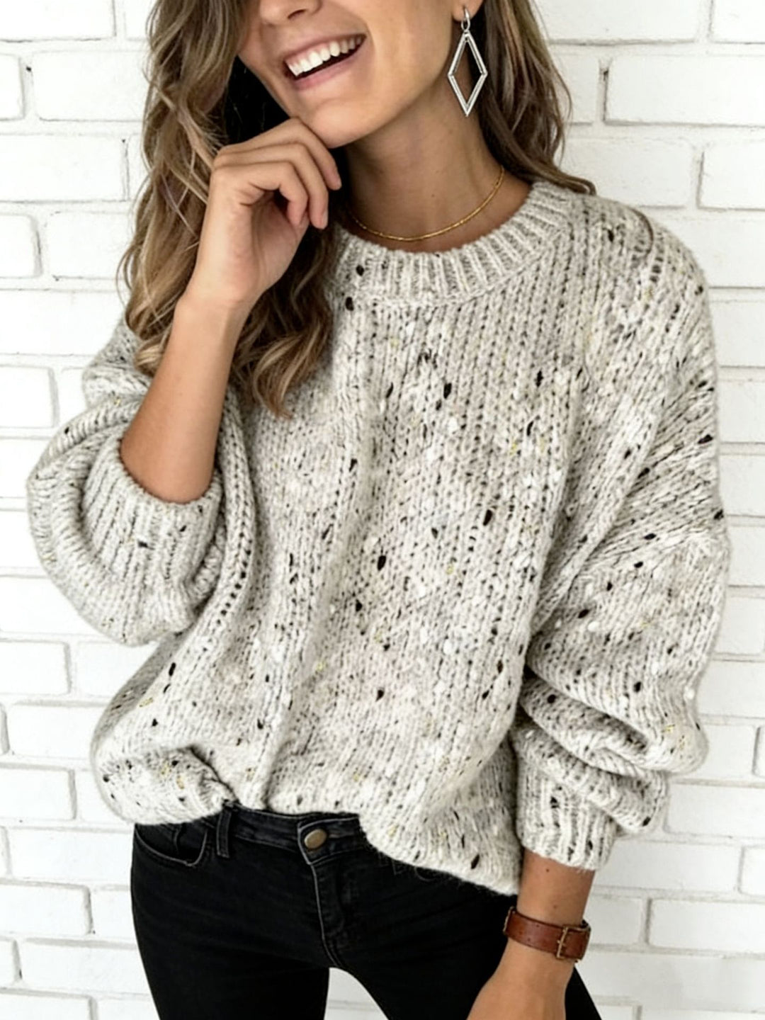 Damen Lockerer Mohair‑Optik Ajour‑Pullover mit Ballonärmeln EB
