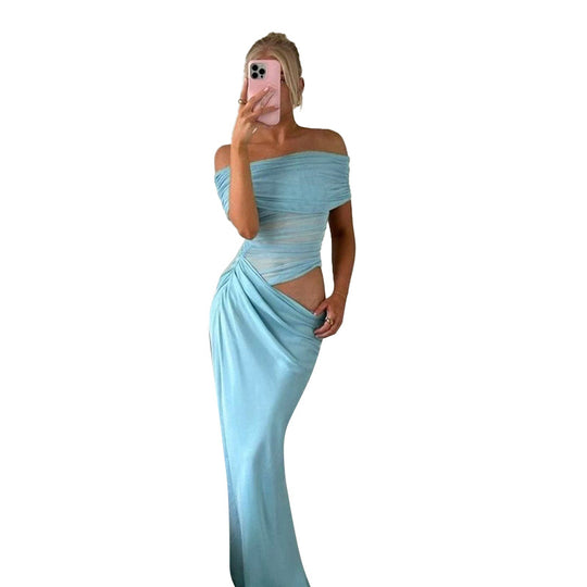 Damen elegantes Off-Shoulder Maxikleid mit figurformendem Wickeldesign EB