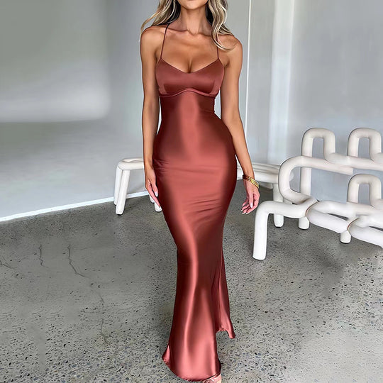 Damen Glamouröses Langarm-Maxi-Kleid mit verstellbaren Trägern und figurbetontem Schnitt EB