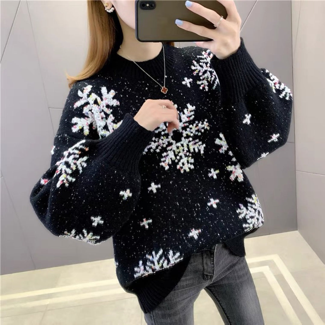 Damen Strickpullover mit Wintermotiv und Puffärmeln EB