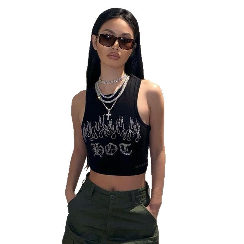 Damen Crop-Top mit auffälligem Flammenmotiv und glänzenden Akzenten EB
