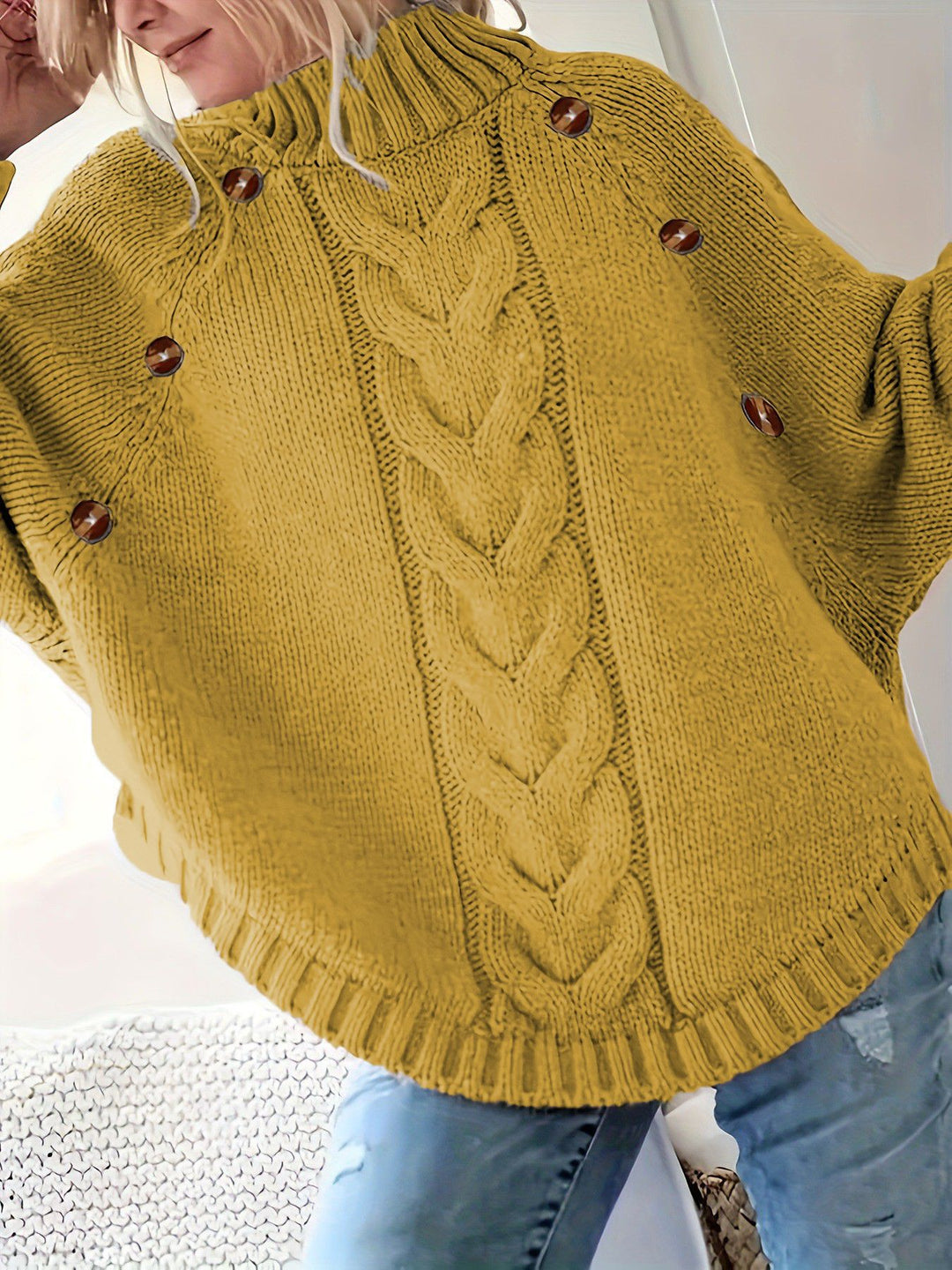 Damen Lockere Strickpullover mit hohem Kragen und dekorativen Knöpfen EB