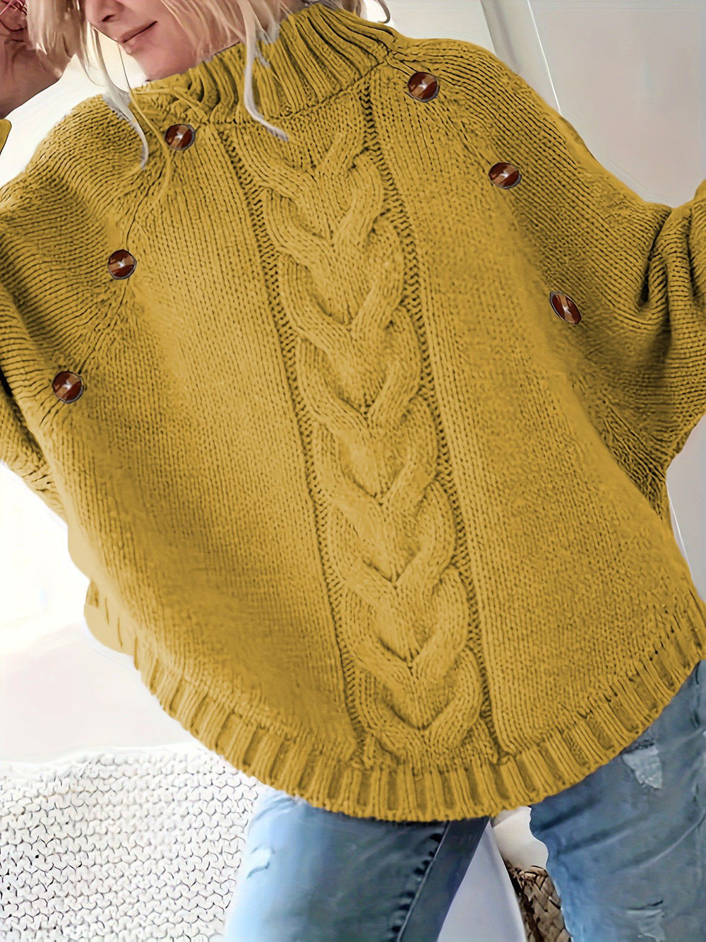 Damen Grober Strickpullover mit modernem Zopfdesign und praktischen Knöpfen EB