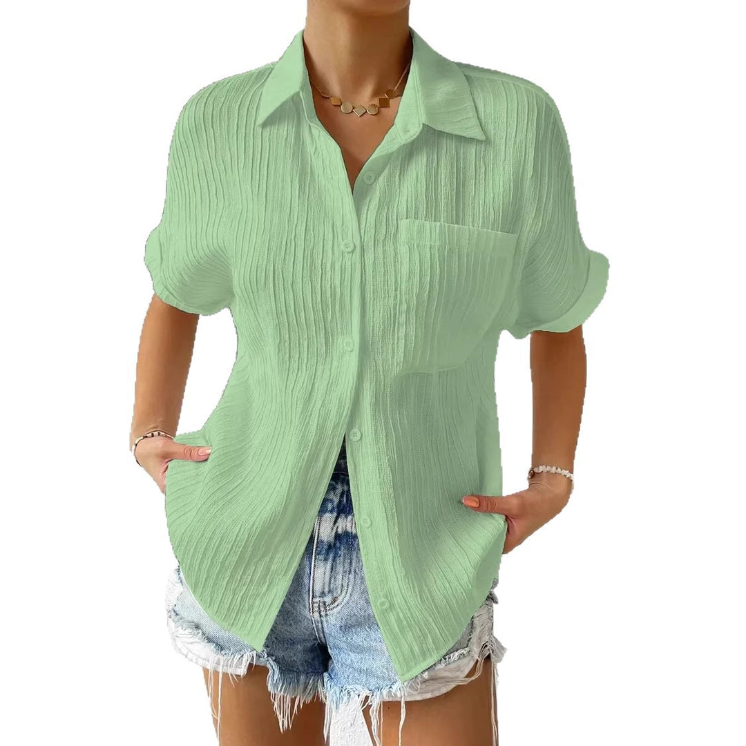 Damen lässige kurzärmlige Bluse mit Struktur und Brusttasche EB