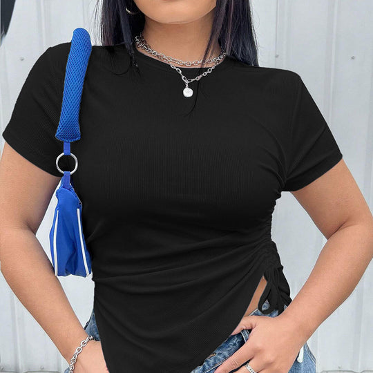 Damen T-Shirt mit seitlichen Riemen und asymmetrischem Schnitt EB