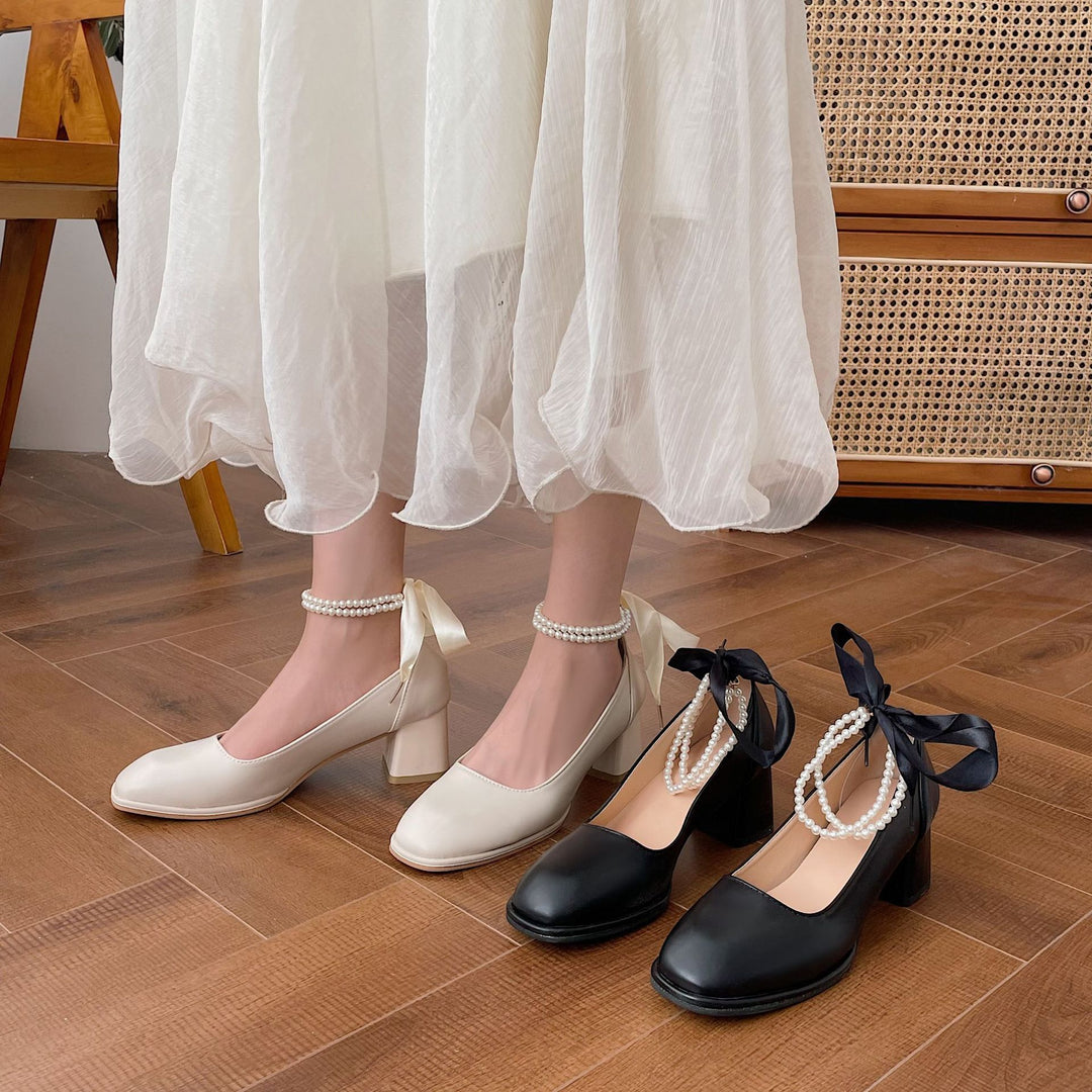 Damen elegante Absatzschuhe mit Perlenschmuck und Schleifen EB