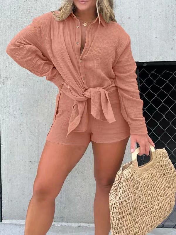 Damen lässiges Krepp-Blusenshirt und Shorts-Set mit taillierbarem Gürtel EB