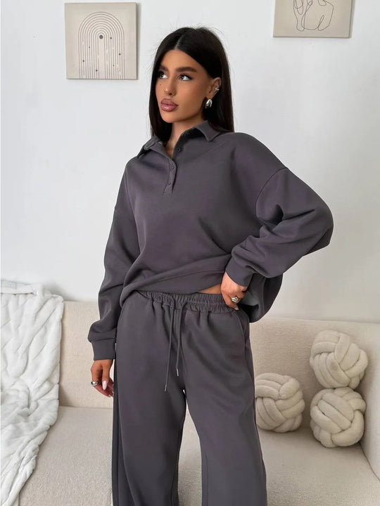 Damen bequemer Polopullover und entspannte Hose Set EB