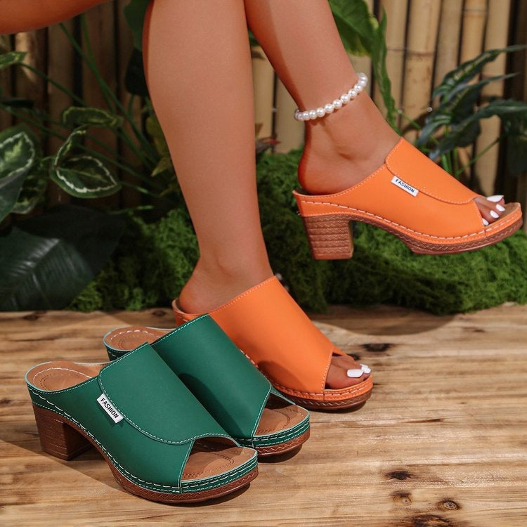 Damen Komfortable Open-Toe Pantoletten mit Holz-Optik EB