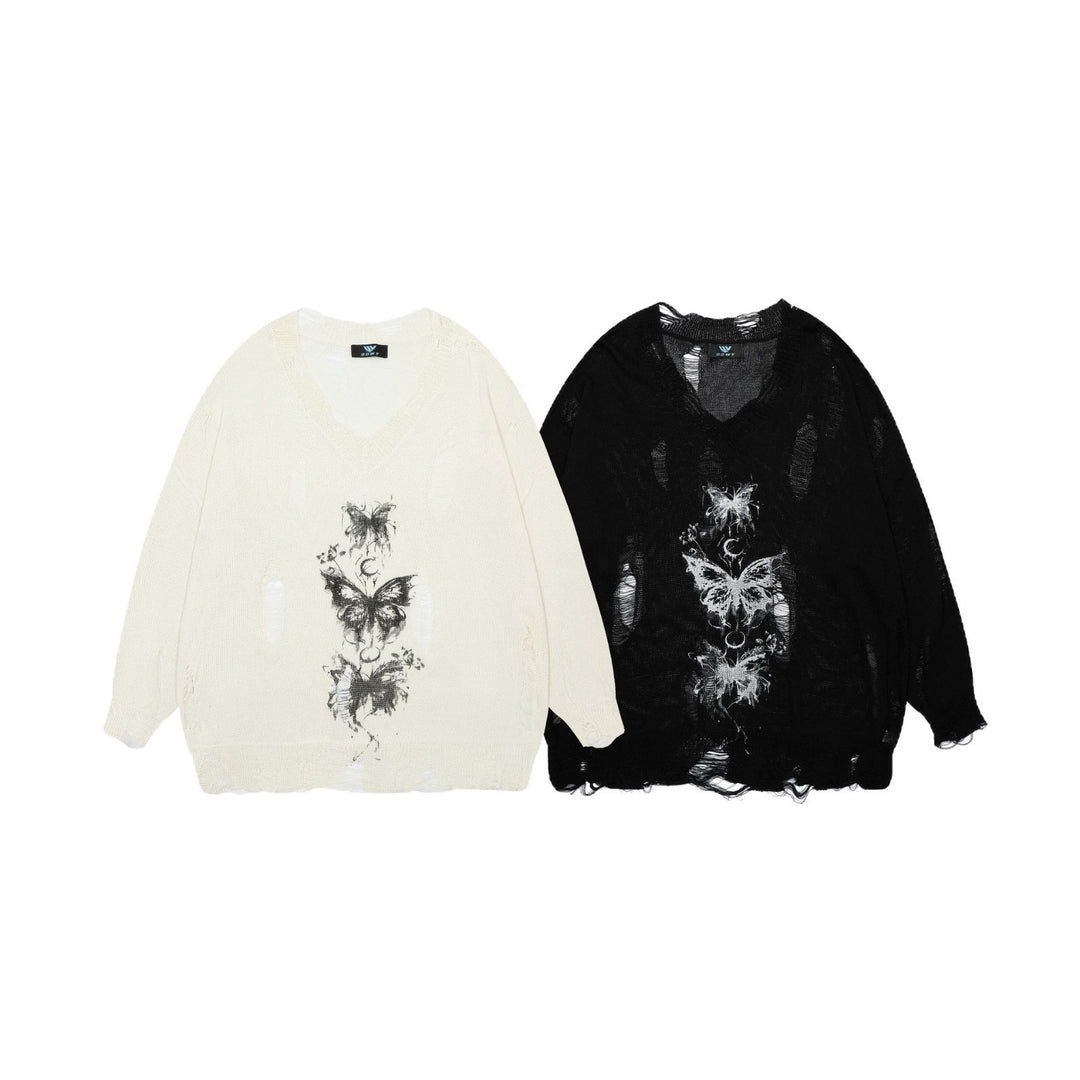 Damen oversized Pullover mit grafischem Print und distressed Details EB