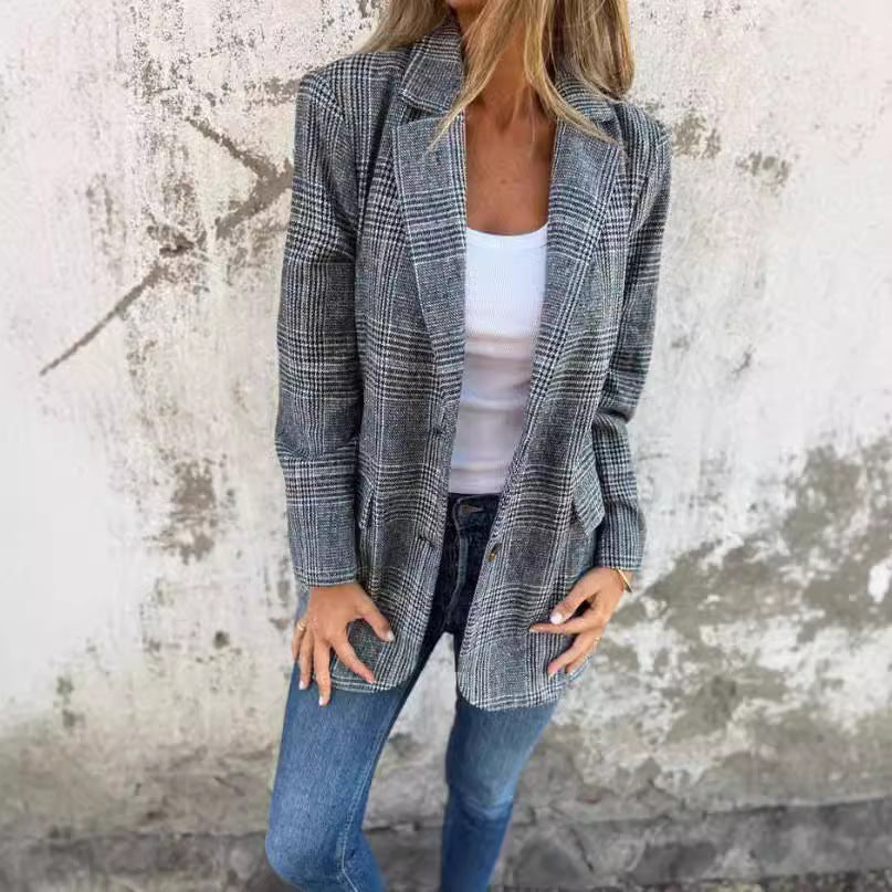 Damen nan oversized Karoblazer mit Reverskragen und aufgesetzten Taschen EB