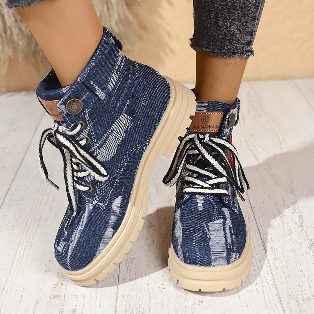 Damen Modische Schnürstiefeletten mit floralem Stickmuster und rutschfester Sohle EB
