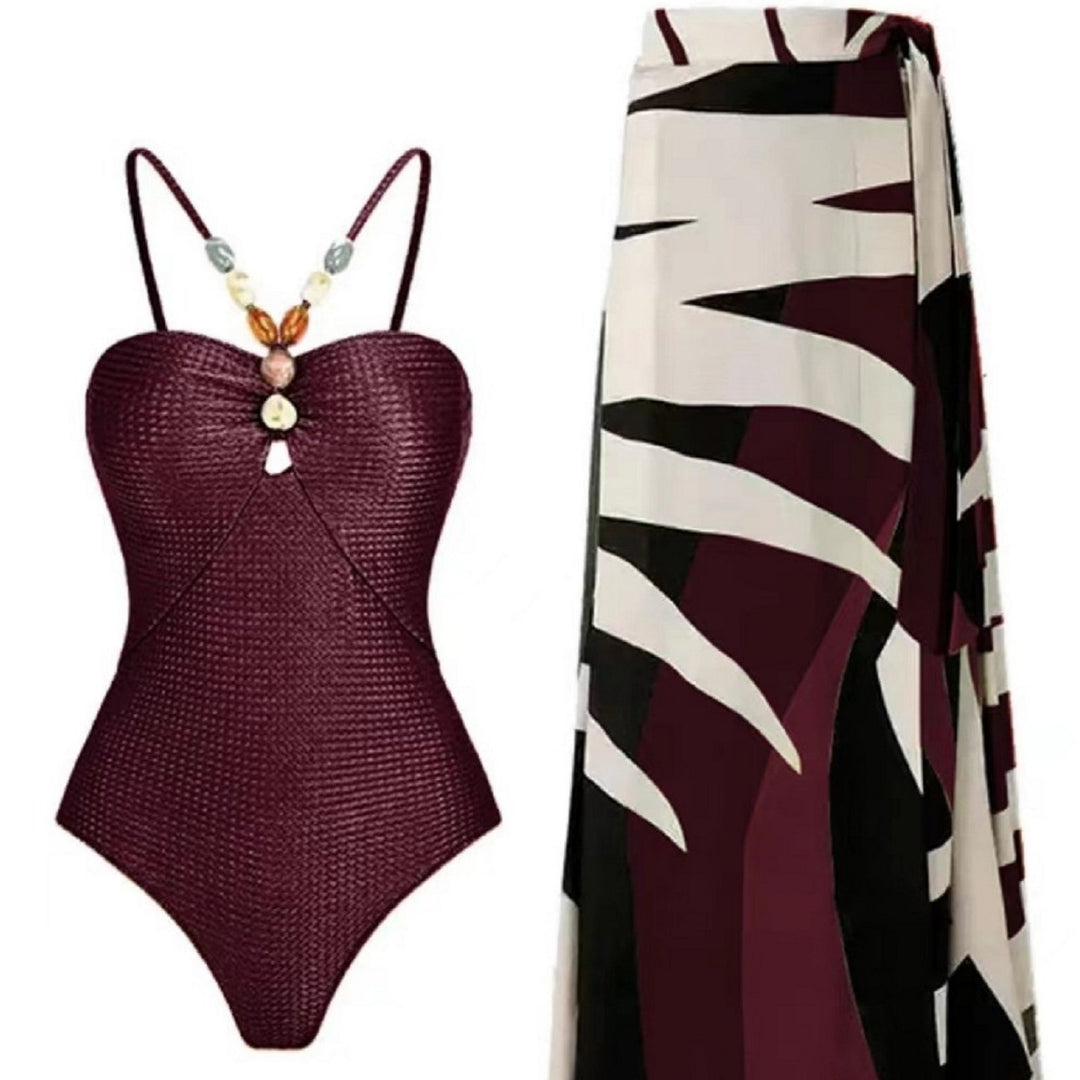 Damen Badeanzug mit elegantem Wickelrock und modischen Schmuckdetails EB