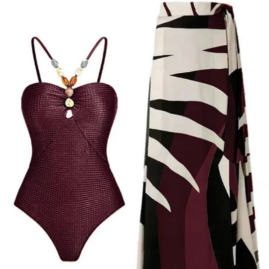 Damen Badeanzug mit elegantem Wickelrock und modischen Schmuckdetails EB