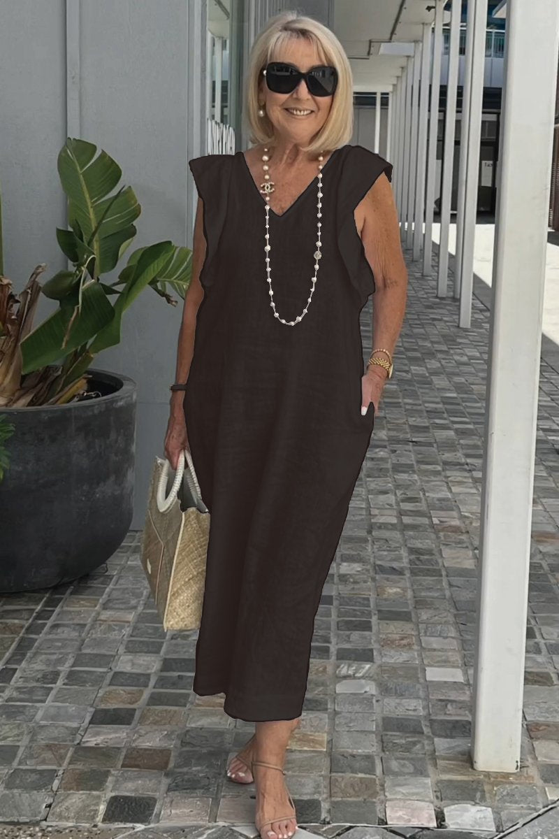 Damen Leichtes Maxikleid mit V-Ausschnitt und seitlichen Taschen EB
