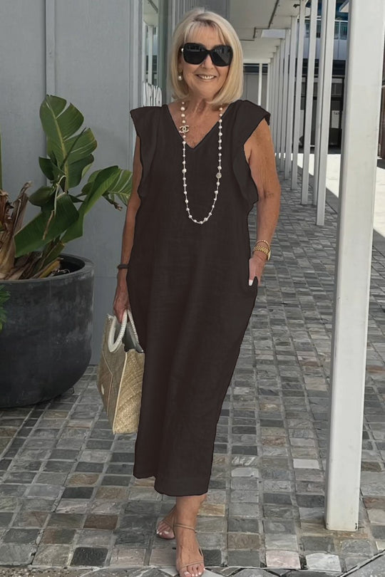 Damen Leichtes Maxikleid mit V-Ausschnitt und seitlichen Taschen EB