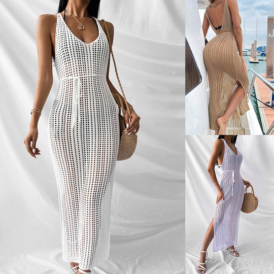 Damen gehäkeltes Maxikleid mit tiefem V-Ausschnitt und seitlichem Schlitz EB