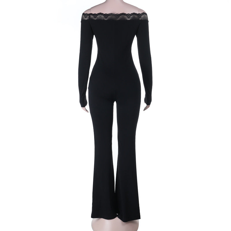 Damen eleganter Off-Shoulder Jumpsuit mit Spitzenakzenten und ausgestelltem Bein EB