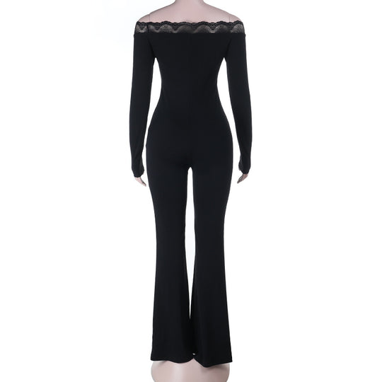 Damen eleganter Off-Shoulder Jumpsuit mit Spitzenakzenten und ausgestelltem Bein EB