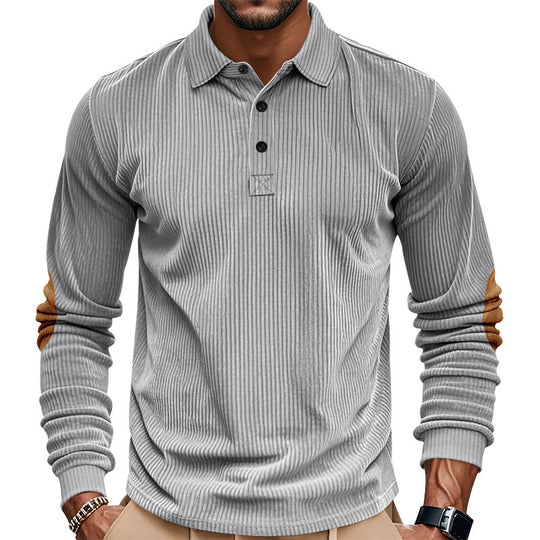 Herren nan schwerer gerippter Baumwoll-Polo-Pullover mit Kentkragen dreifach-Knopfleiste und Wildleder-Ellenbogenpatches EB