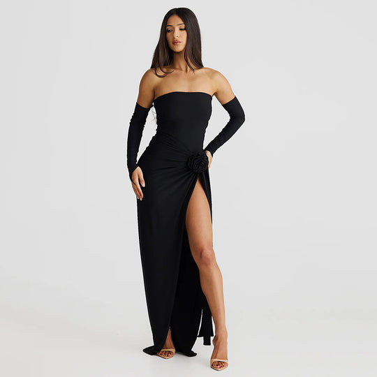 Damen Elegantes Schulterfreies Abendkleid mit Raffung und hohem Schlitz EB