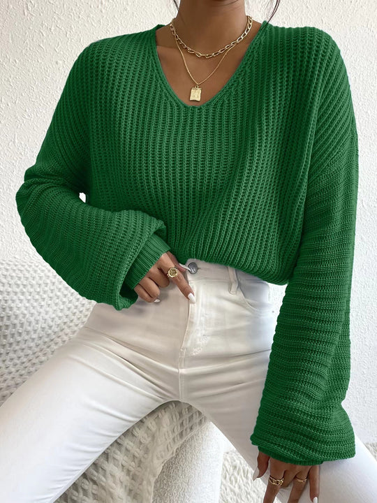 Damen Strukturierter Pullover mit V-Ausschnitt und weiten Ärmeln EB