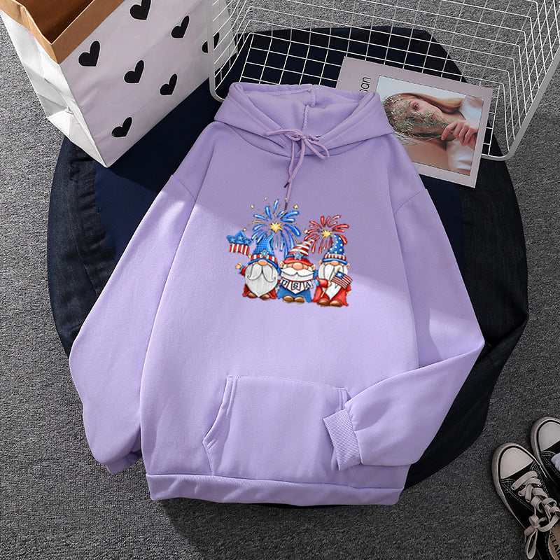 Damen nan Kapuzenpullover mit patriotischem Gartenzwerg-Print, angerautem Fleece-Innenfutter, Oversize-Schnitt und Kängurutasche EB