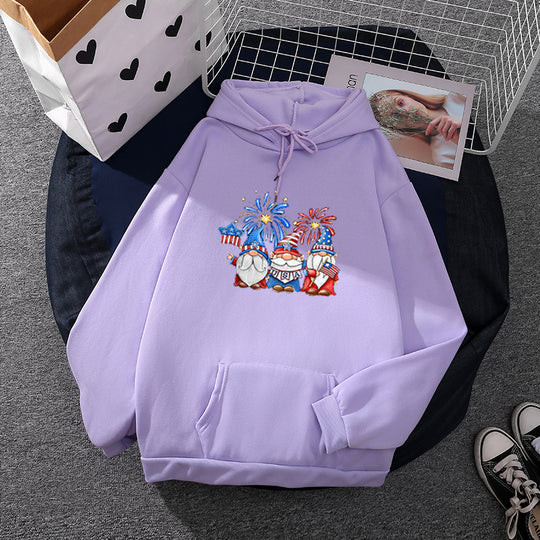 Damen nan Kapuzenpullover mit patriotischem Gartenzwerg-Print, angerautem Fleece-Innenfutter, Oversize-Schnitt und Kängurutasche EB