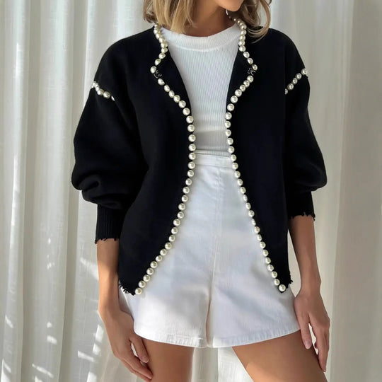 Damen Strickjacke mit auffälligem Perlenbesatz und offenem Design EB