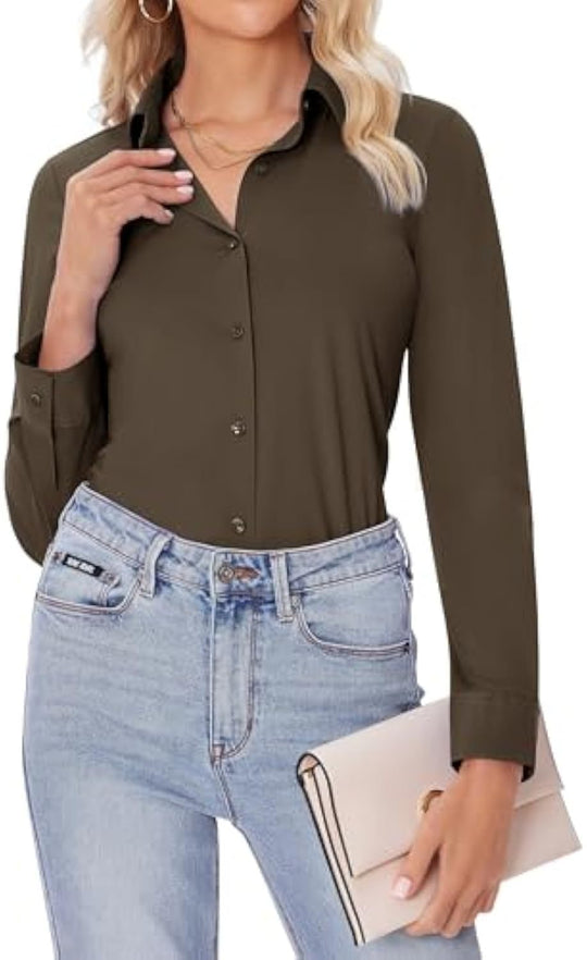Damen Klassische Viskose-Stretch Hemdbluse mit Kentkragen und Manschetten EB
