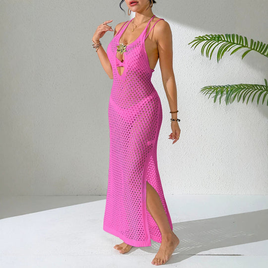 Damen eleganter unifarbener Netz-Strandüberwurf EB