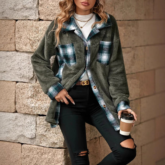 Damen Fleece-Hemdjacke mit Karomuster und weichem Innenfutter EB