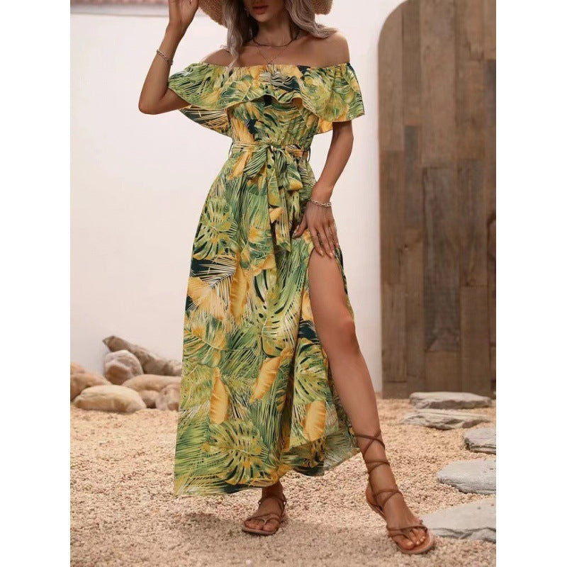 Damen Maxikleid mit Off-Shoulder-Ausschnitt und tiefem Schlitz EB