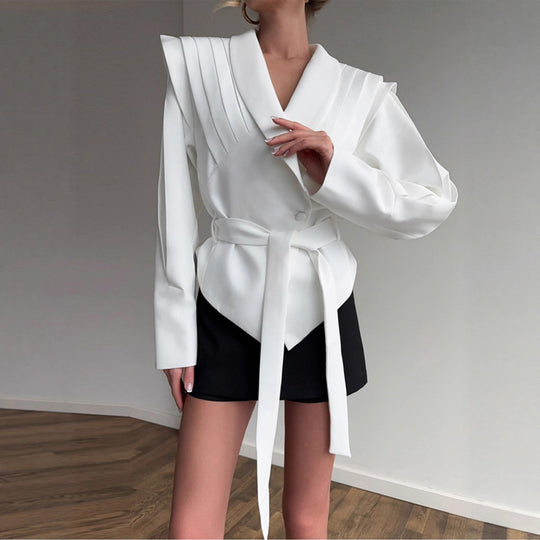Damen Couture Blazer mit elegantem Kragen und Taillengürtel EB