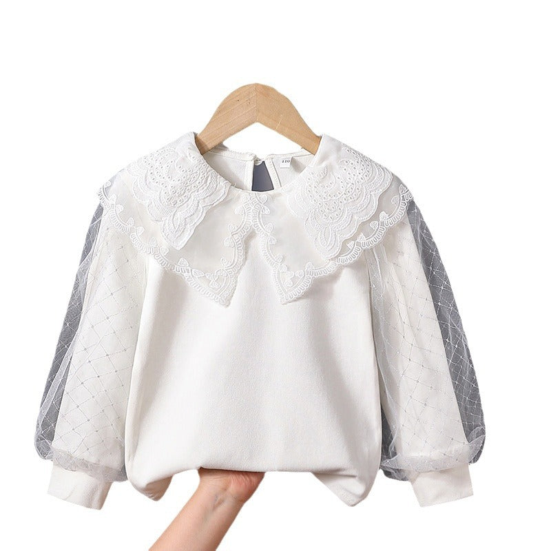 Mädchen modische Bluse mit eleganten Tüllärmeln und kunstvoller Spitzenverzierung EB